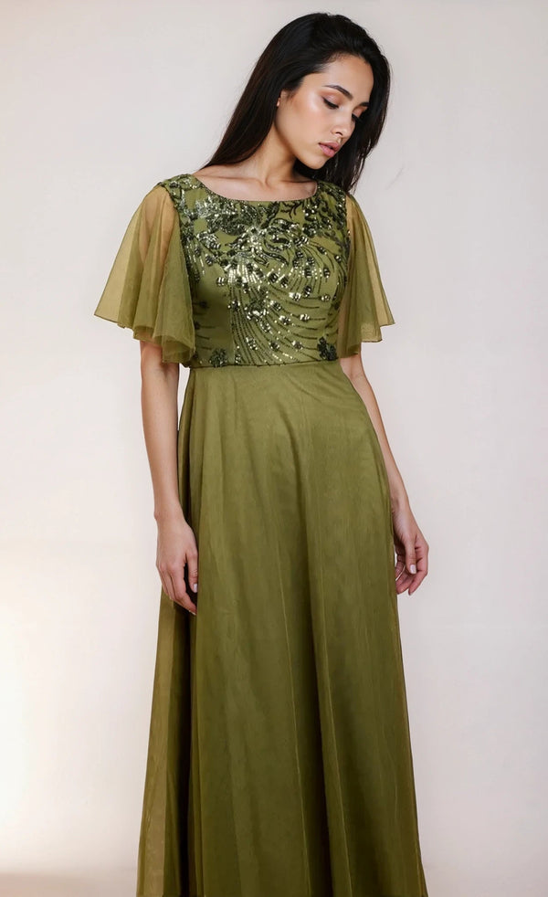 Little Mistress Valentina Khaki Green Angel Sleeve Sequin Maxi Dress