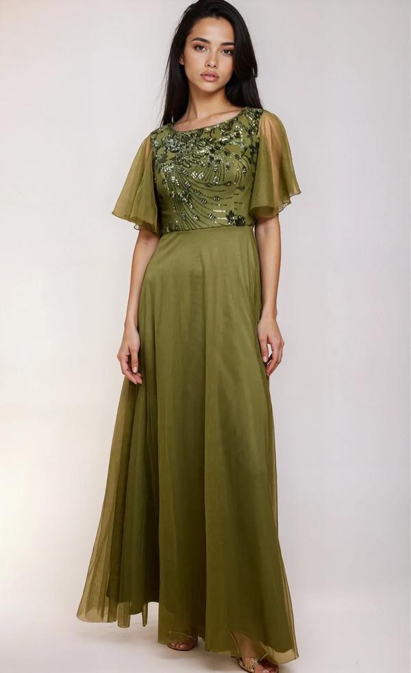 little mistress Valentina Khaki Green Angel Sleeve Sequin Maxi Dress