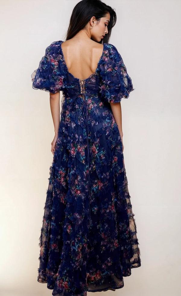 Little Mistress Vesper Navy Floral Print Ruffle Maxi Dress