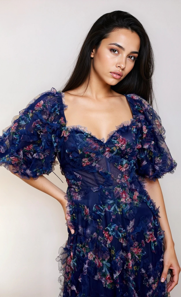 Little Mistress Vesper Navy Floral Print Ruffle Maxi Dress