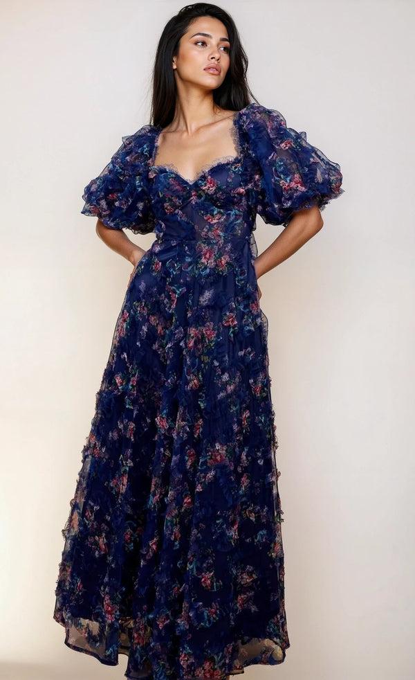 little mistress Vesper Navy Floral Print Ruffle Maxi Dress