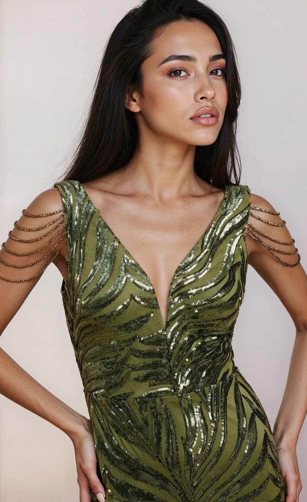 Little Mistress Violette Khaki Sequin Fishtail Maxi Dress