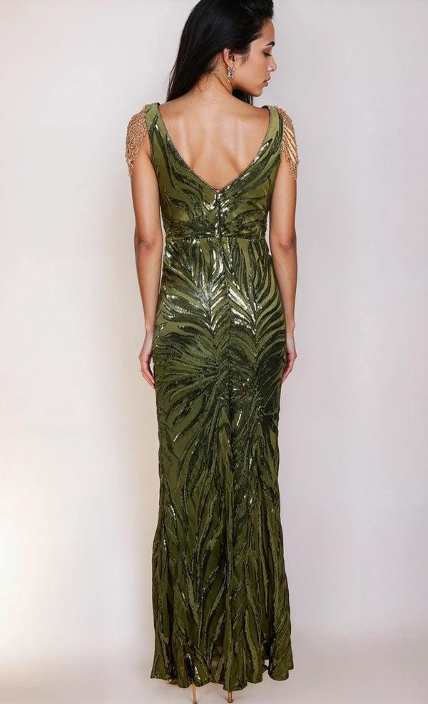 Little Mistress Violette Khaki Sequin Fishtail Maxi Dress