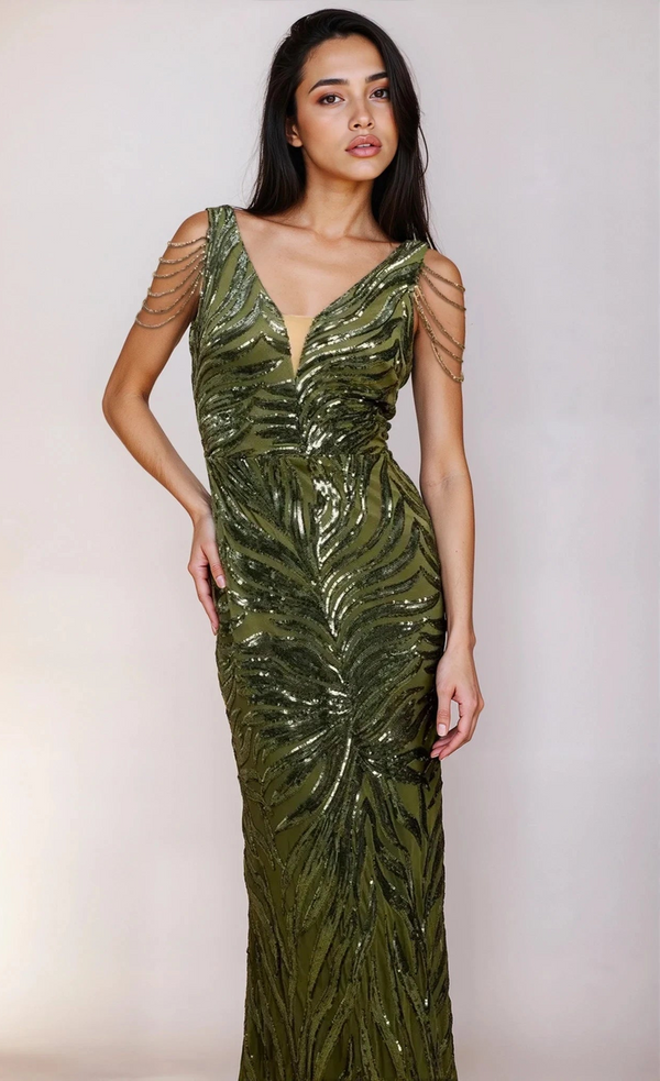 little mistress Violette Khaki Sequin Fishtail Maxi Dress