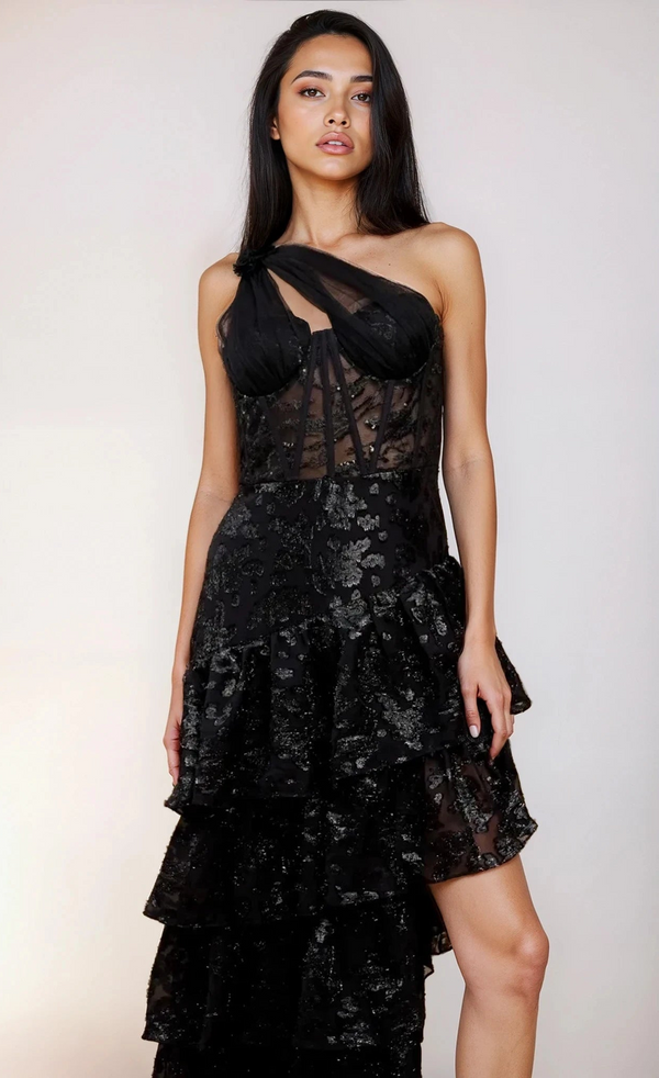 Little Mistress Viviana Black Tiered Ruffle One Shoulder Sequin Maxi Dress