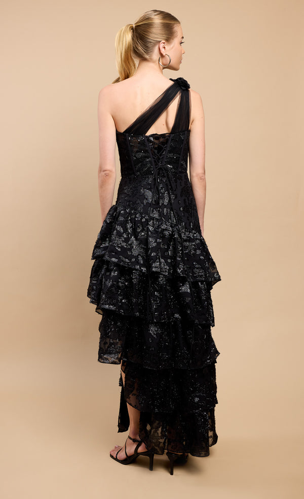 Little Mistress Viviana Black Tiered Ruffle One Shoulder Sequin Maxi Dress