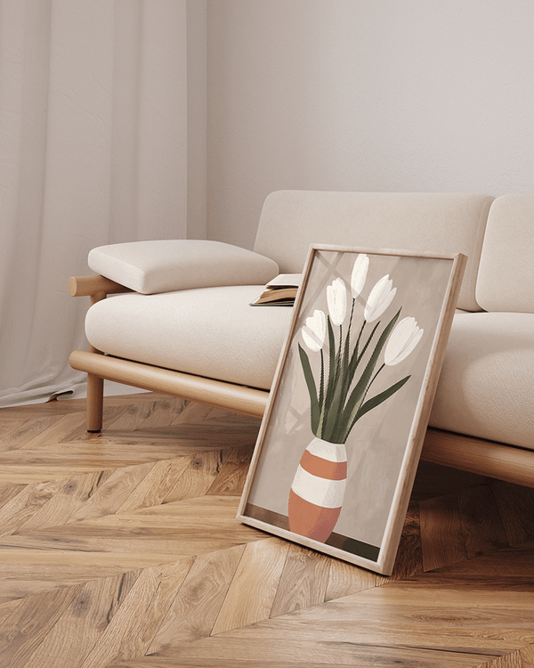 Liv Corday White Tulips Beige Vase