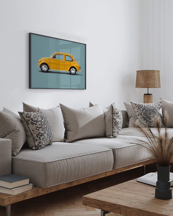 Liv Corday Yellow Vintage Car With Blue Background