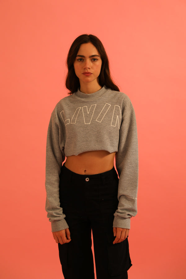 livincool BIG WAVY LOGO CROP SWEATSHIRT HEATHER GREY