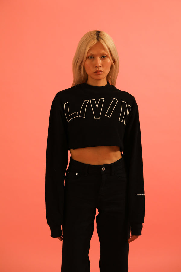 livincool BIG WAVY LOGO CROP SWEATSHIRT BLACK