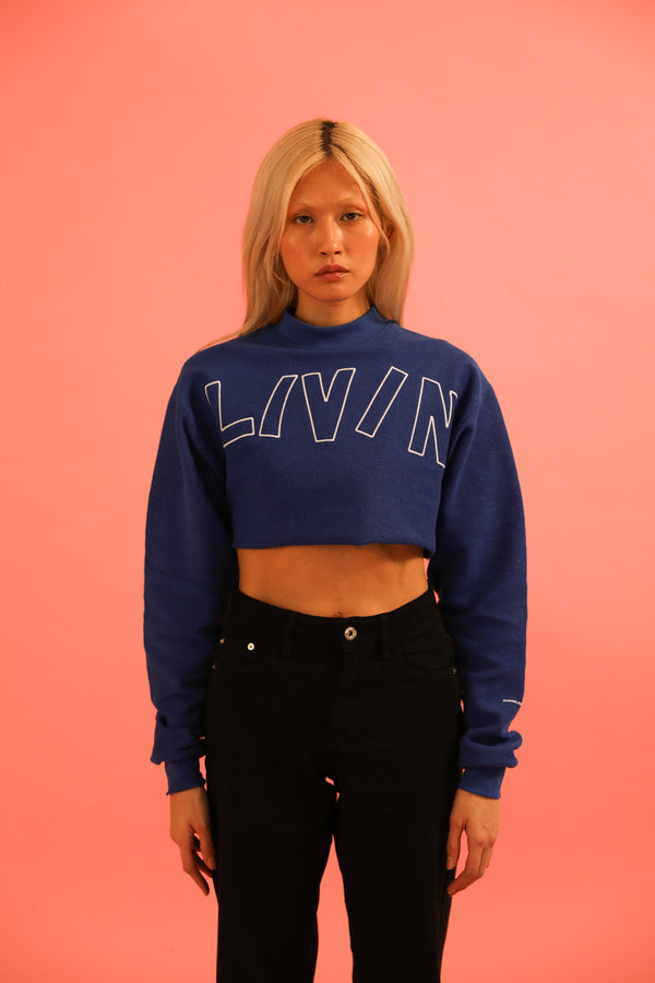 livincool BIG WAVY LOGO CROP SWEATSHIRT BLUE