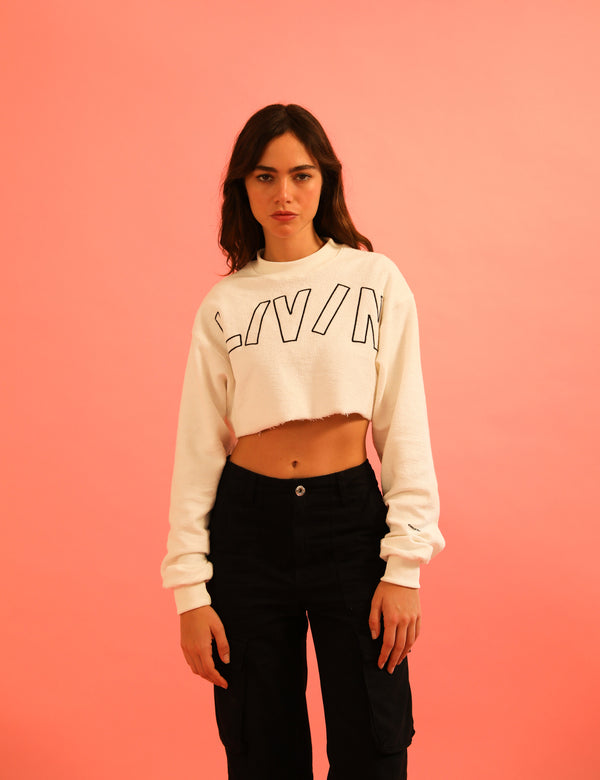 livincool BIG WAVY LOGO CROP SWEATSHIRT WHITE