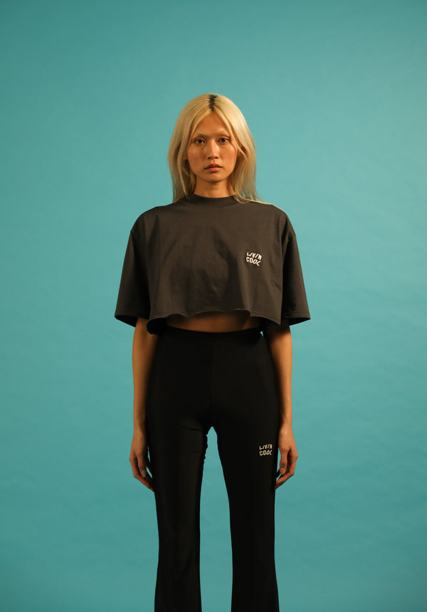 Livincool TEE CROP WAVY LOGO EMBROIDERED DARK GREY