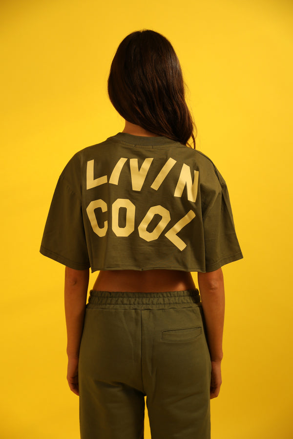 Livincool WAVY LOGO CROP TEE MILITARY GREEN