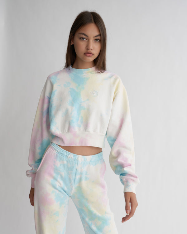 Livincool WAVY EMBROIDERED CROP SWEATSHIRT PASTEL TIE DYE
