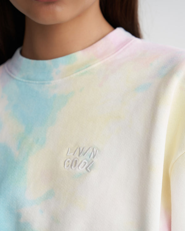 Livincool WAVY EMBROIDERED CROP SWEATSHIRT PASTEL TIE DYE