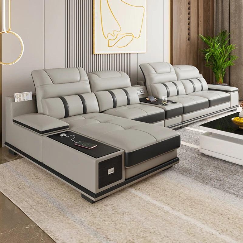 lixra Built-in Storage Solid Wood Leather Sectional Sofa