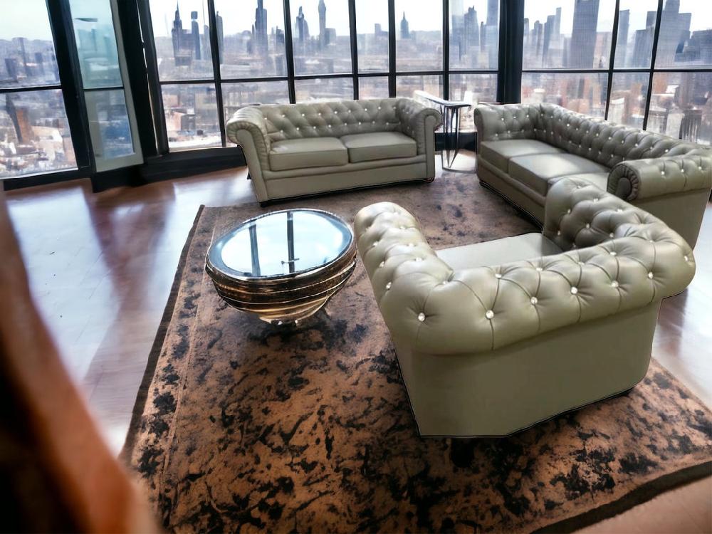 Lixra Button Tufted Genuine Leather Upholstered Sofa Set