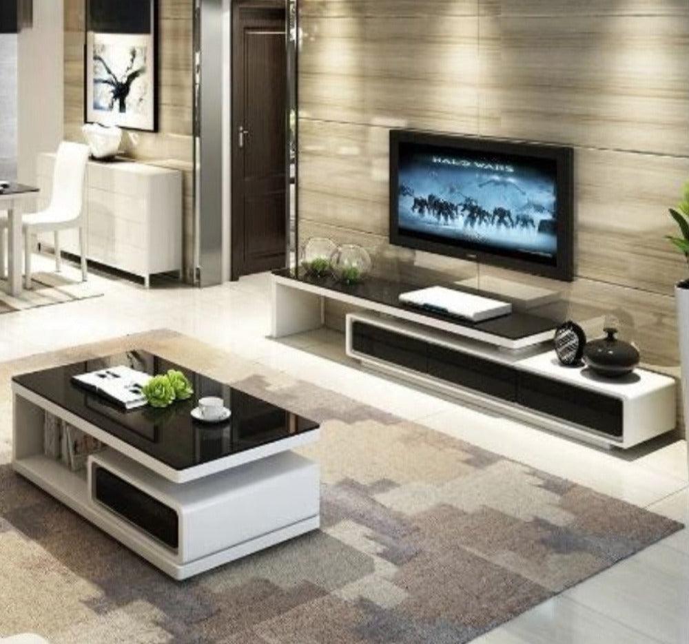 Lixra Contemporary Designed Rustic Built Glass Top Coffee Table And TV Stand