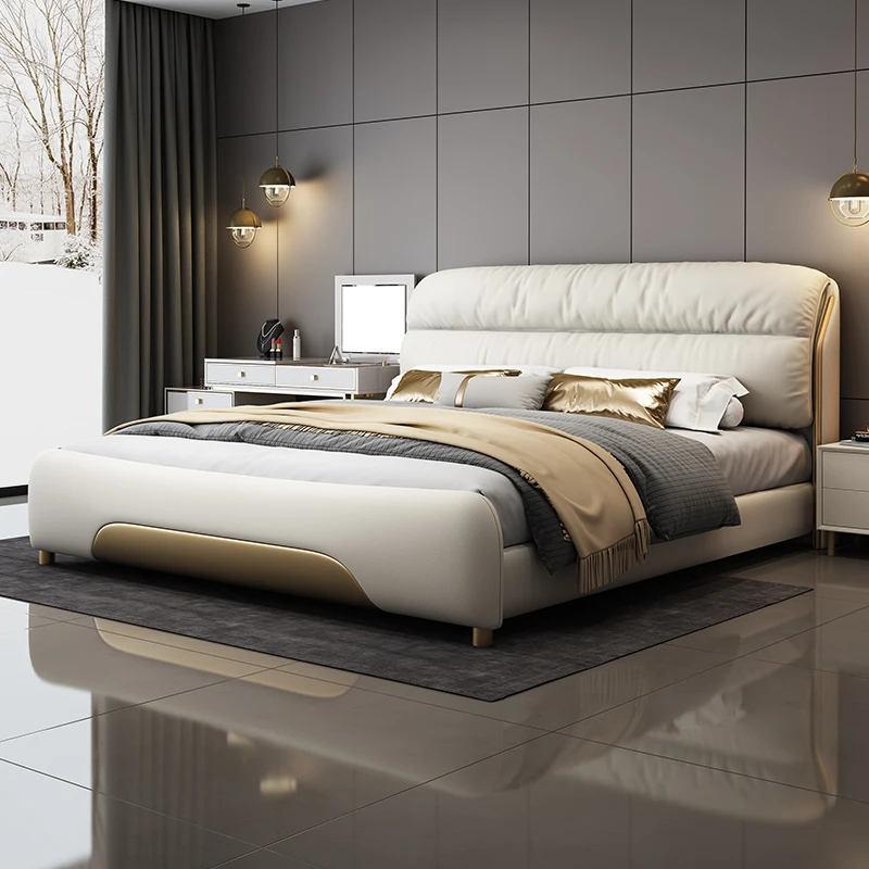 lixra Contemporary Upholstered Leather Bed With Golden Accents