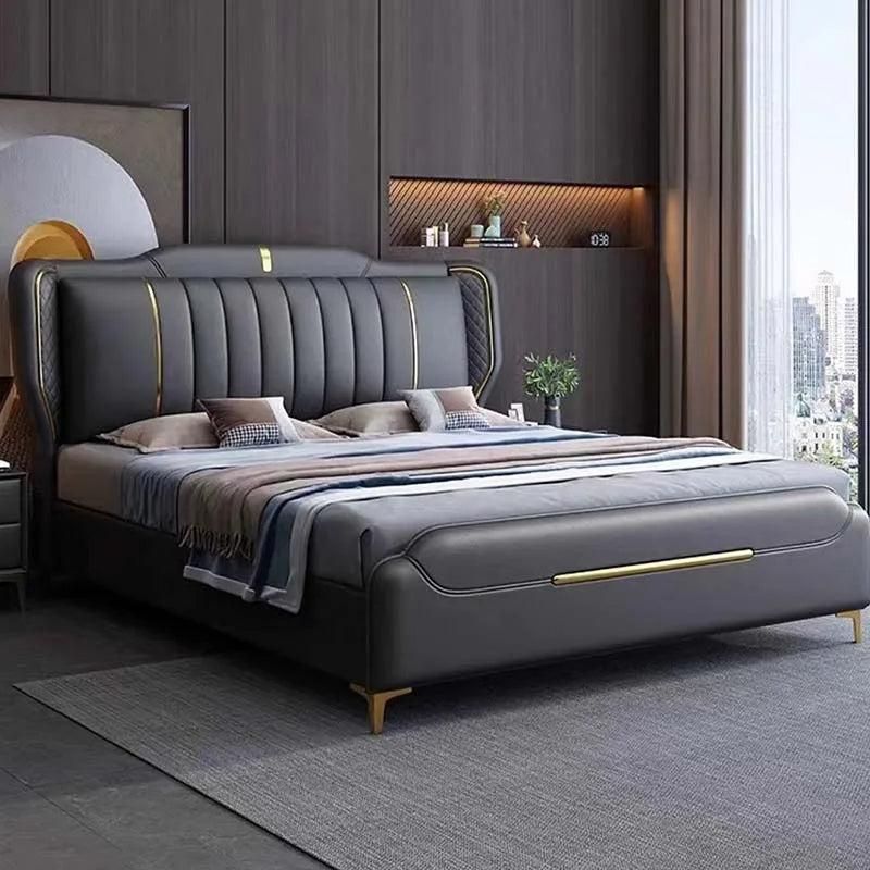 Lixra Elegant Leather Upholstered Bed With Golden Accents
