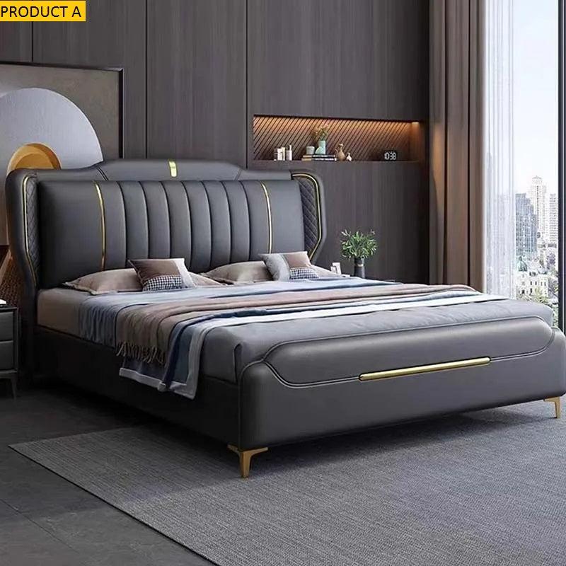 Lixra Elegant Leather Upholstered Bed With Golden Accents
