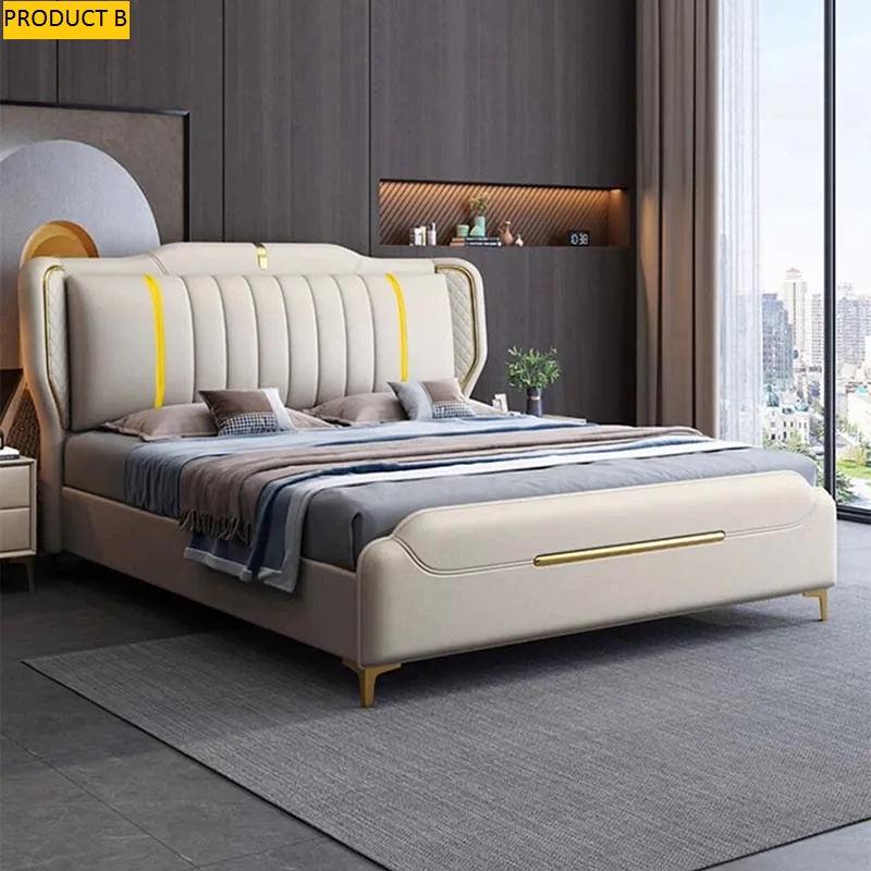 Lixra Elegant Leather Upholstered Bed With Golden Accents