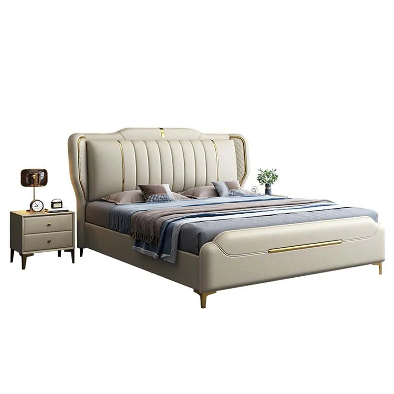 lixra Elegant Leather Upholstered Bed with Golden Accents