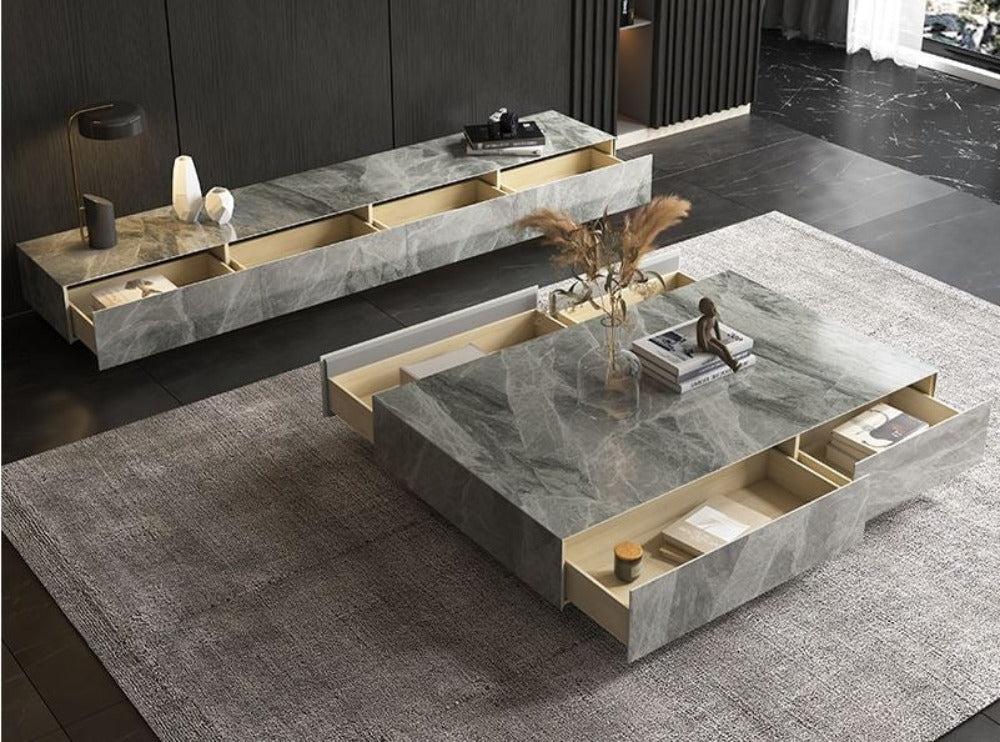 Lixra Enchanting Look Sleek Design Fine Finish Marble Top Coffee Table And TV Stand