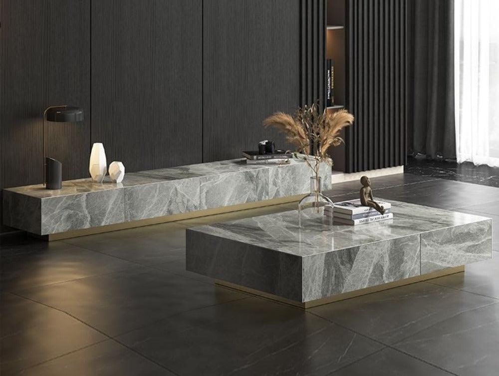 Lixra Enchanting Look Sleek Design Fine Finish Marble Top Coffee Table And TV Stand