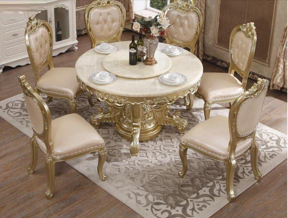 Lixra European Brusten Rounded Marble Dining Table Set