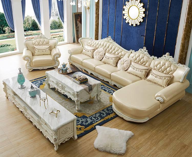 lixra European-Liville Leather Sofa Set With Chaise & Ottoman