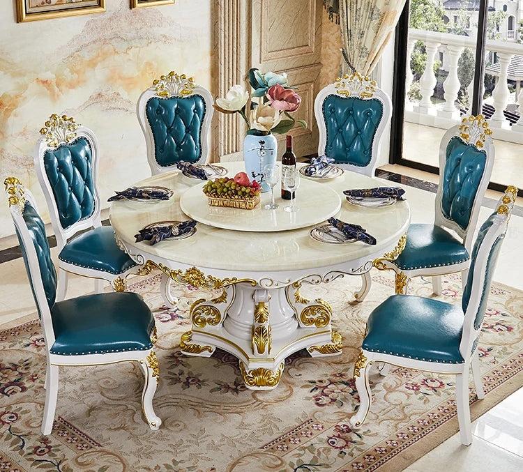 lixra European Round Carved Brusten Dining Table Set