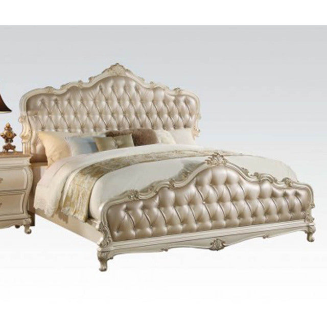 Lixra European Vintage Style Pearl White Soft Leather Tufted Bed