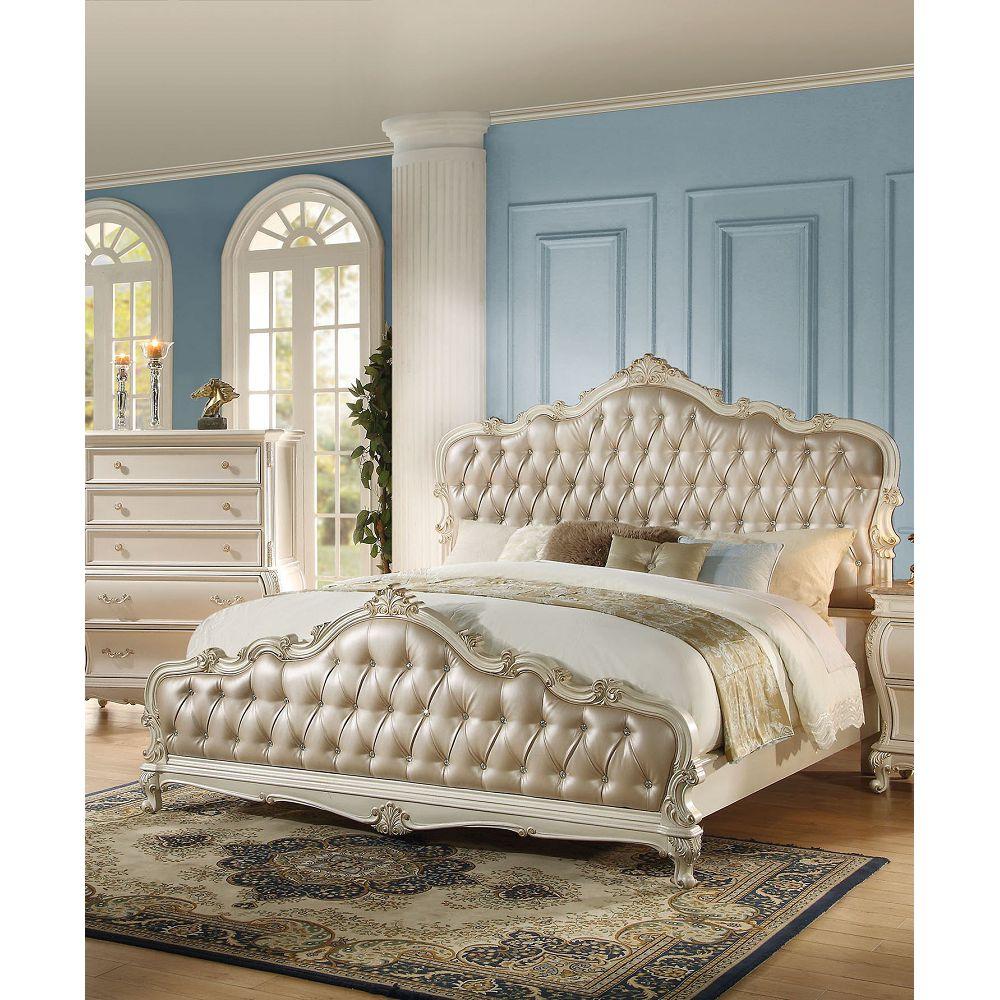 lixra European Vintage Style Pearl White Soft Leather Tufted Bed