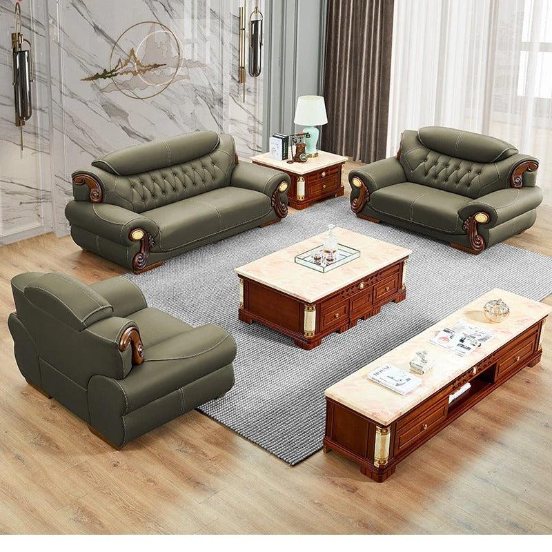 lixra European Wooden Liville Style Leather Sofa Set