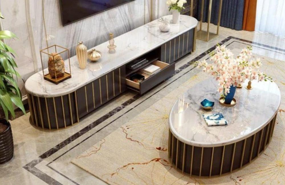 Lixra Exquisite Sleek Style Metallic Finish Marble Top Coffee Table And TV Stand