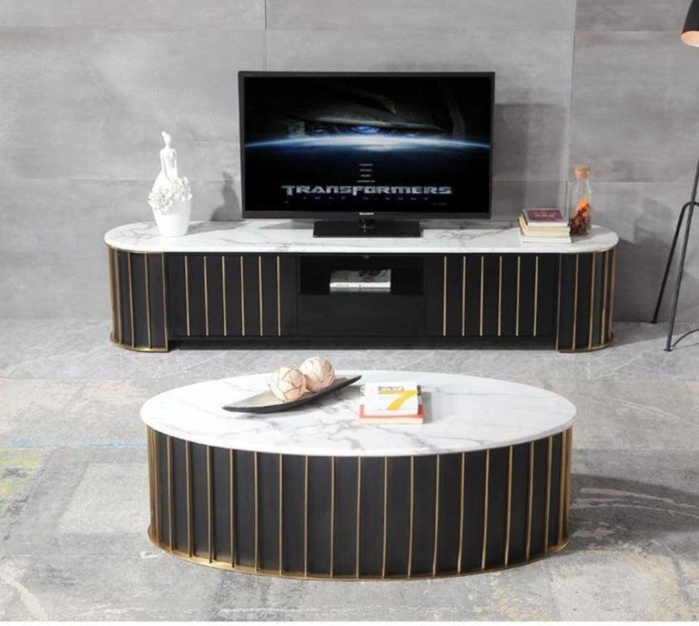 Lixra Exquisite Sleek Style Metallic Finish Marble Top Coffee Table And TV Stand