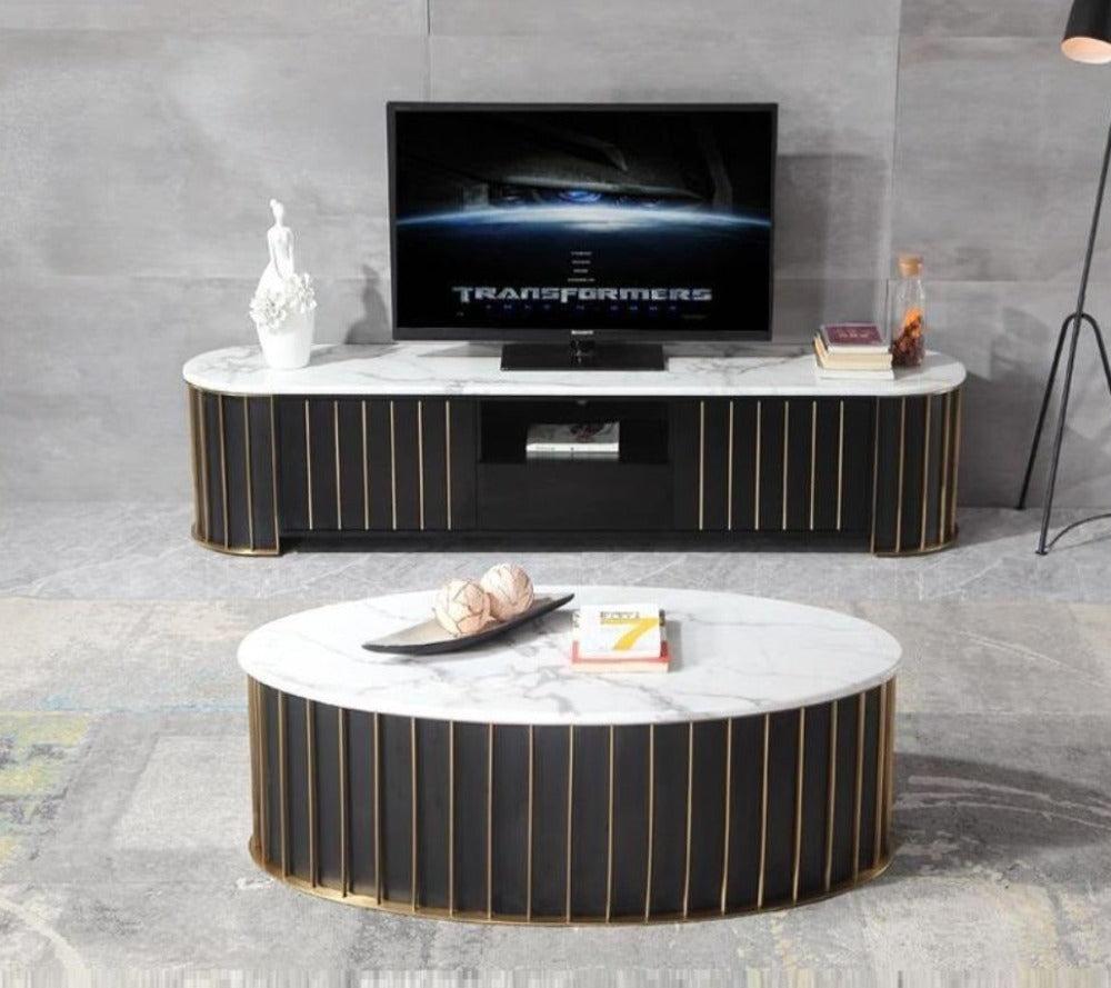 lixra Exquisite Sleek Style Metallic Finish Marble Top Coffee Table and TV Stand