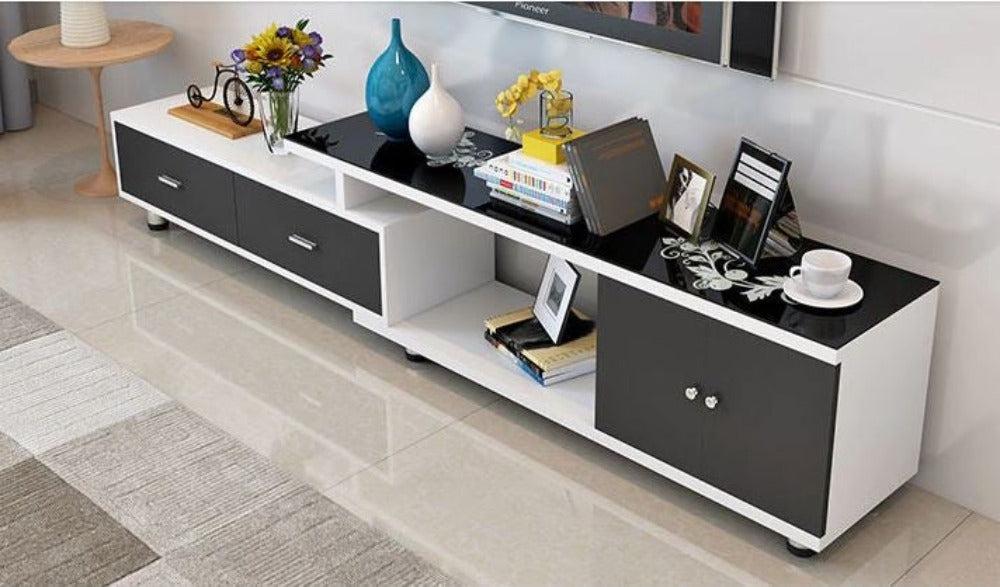 Lixra Glossy Finish Modern Look Rustic Metal Base Glass Top Coffee Table And TV Stand