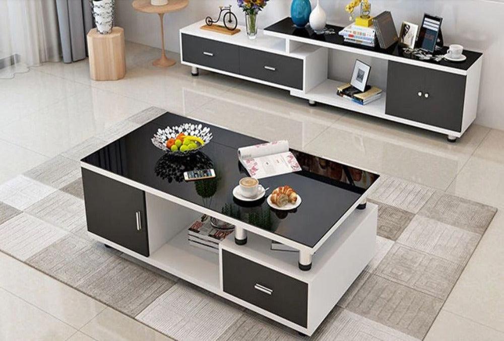 lixra Glossy Finish Modern Look Rustic Metal Base Glass Top Coffee Table and TV Stand