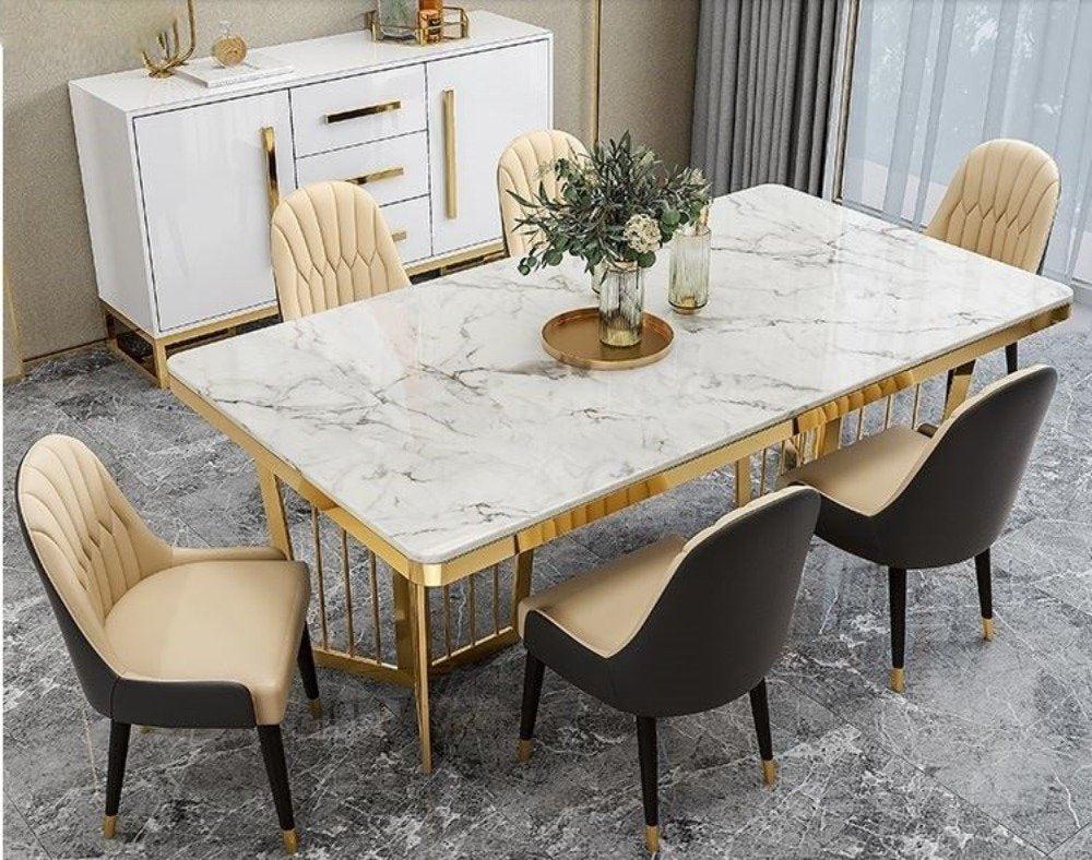 Lixra Glossy Finish Rectangular Marble Dining Table-Set