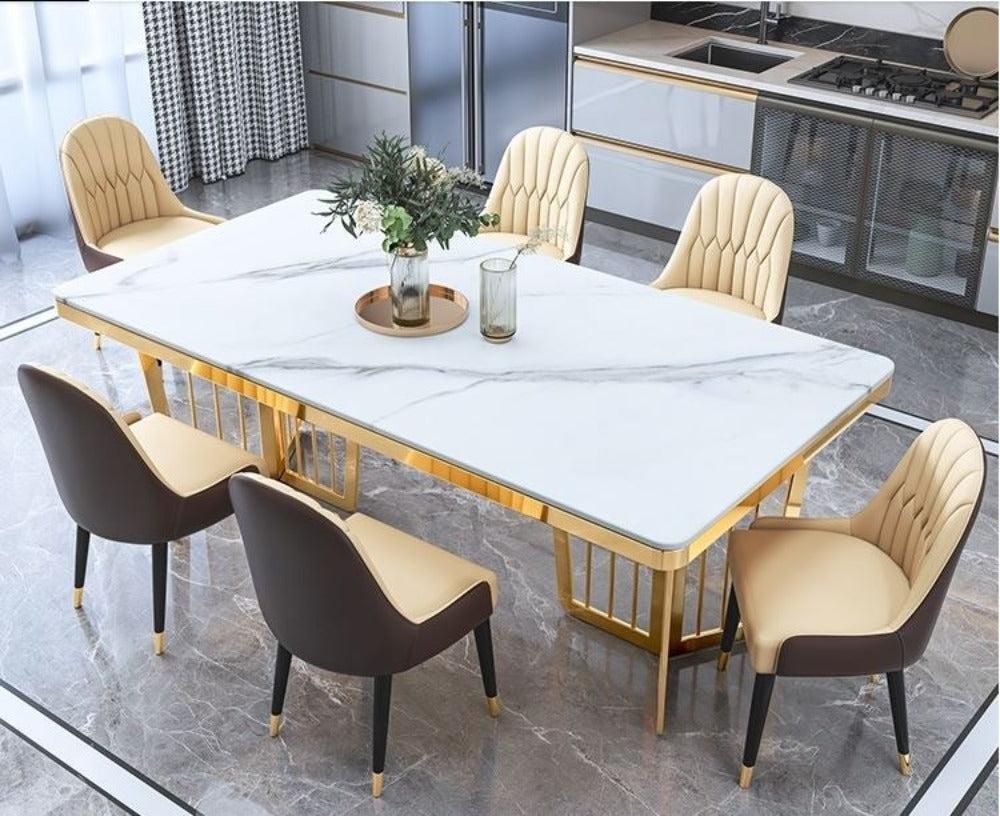 lixra Glossy Finish Rectangular Marble Dining Table-Set
