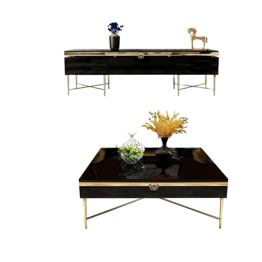 lixra Glossy Finish Steel Framed Wooden Coffee Table and TV Stand