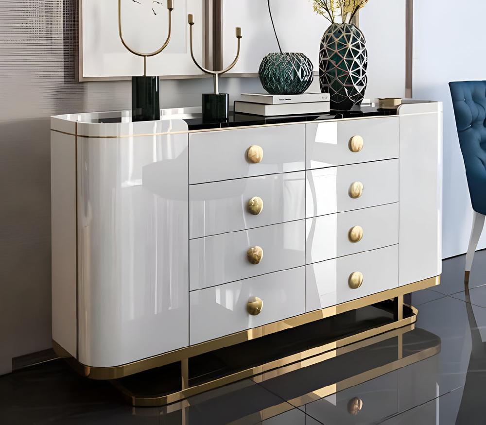 Lixra Glossy Polished Marble-Top White Buffet Table