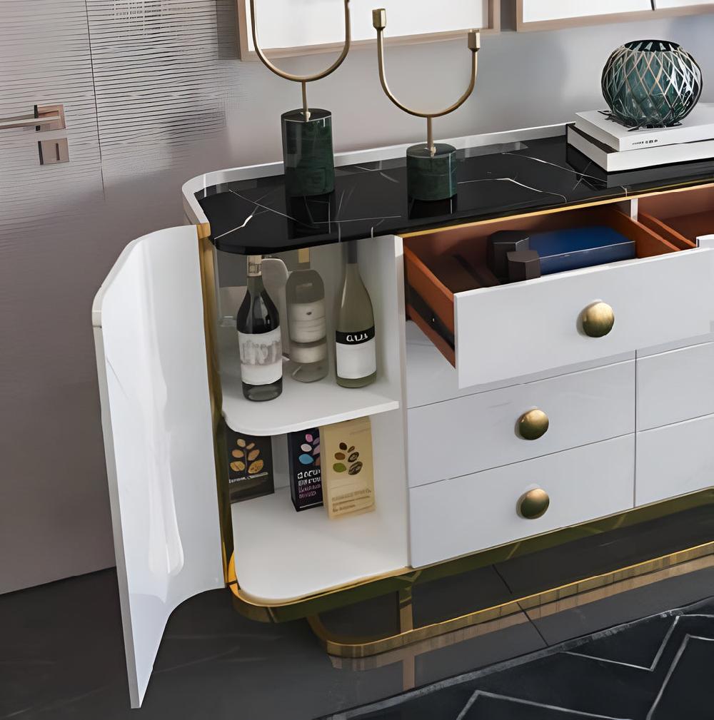 Lixra Glossy Polished Marble-Top White Buffet Table