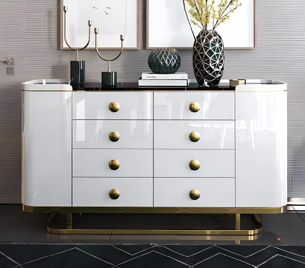 lixra Glossy Polished Marble-Top White Buffet Table