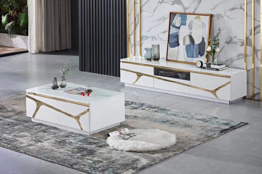 Lixra Golden Accents Marble Top Coffee Table & TV Stand Set