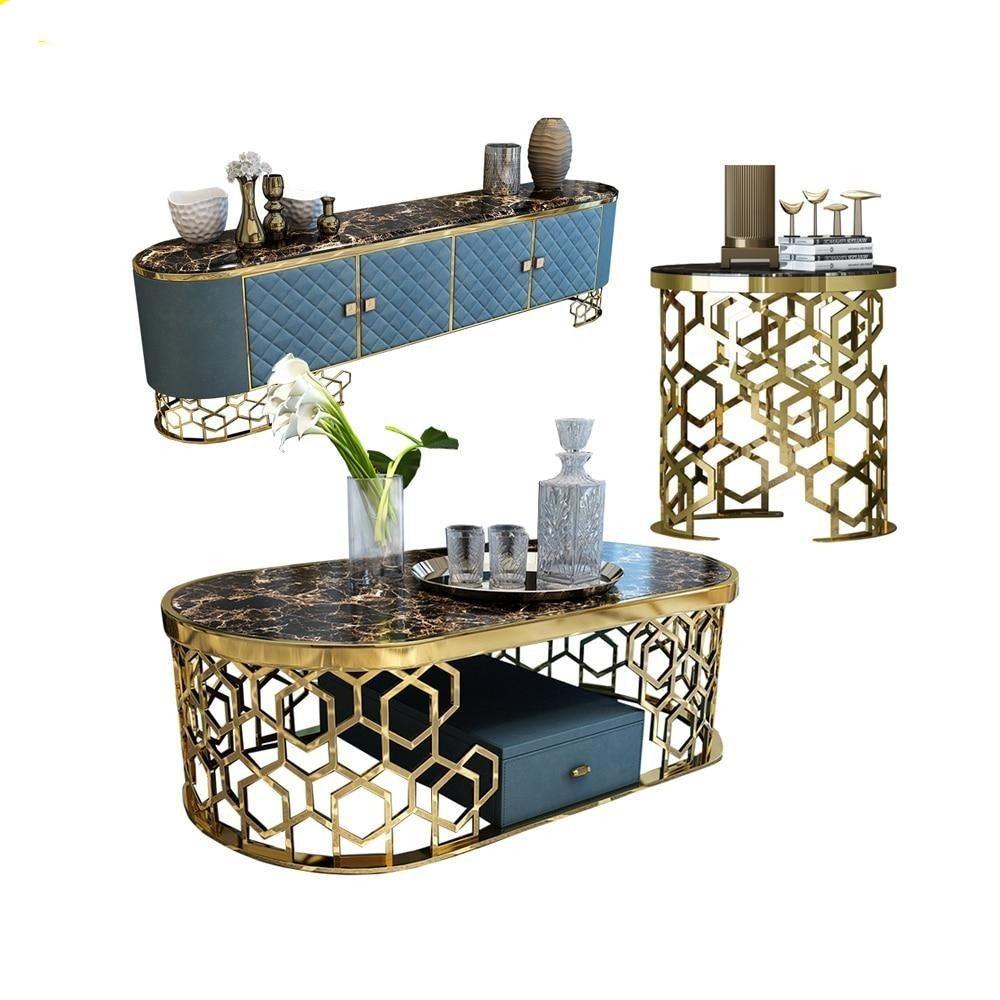 Lixra Golden Finish Marble Coffee Table Tv Stand And Side Table
