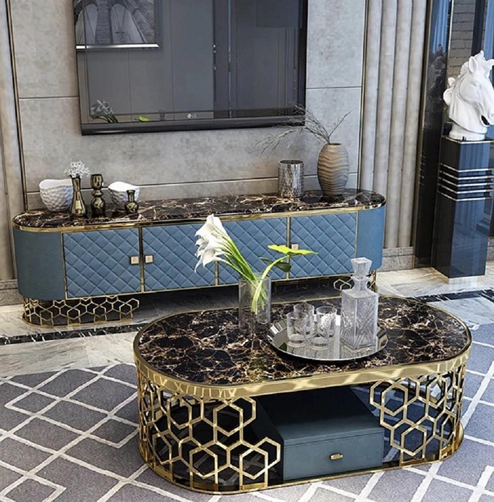Lixra Golden Finish Marble Coffee Table Tv Stand And Side Table